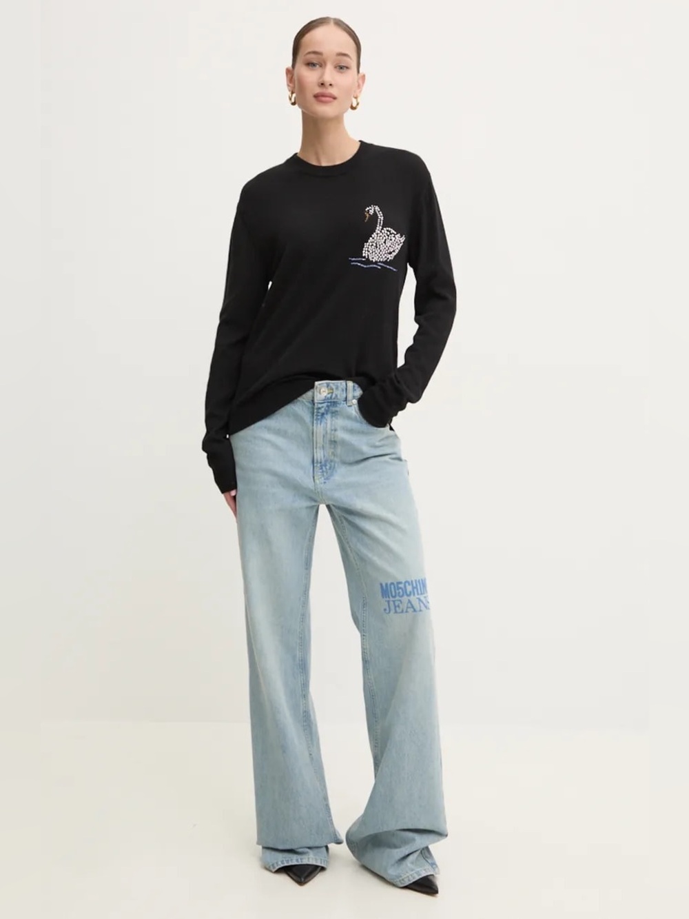MSGM Black Crewneck Cashmere Blend Sweater with Crystal Embellished Swan